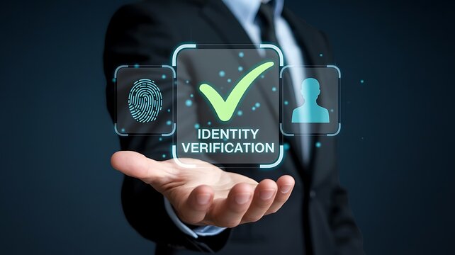Identity verification concept with digital security checkmark and user authentication interface
