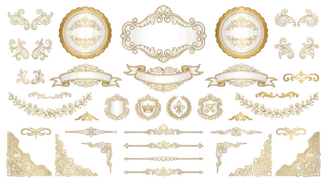 Vintage Ornate Decorative Elements, Flourishes, Borders, And Emblems Set