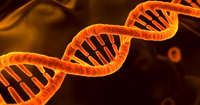 Vibrant 3D rendering of a glowing orange DNA double helix structure in a dark biological environment.