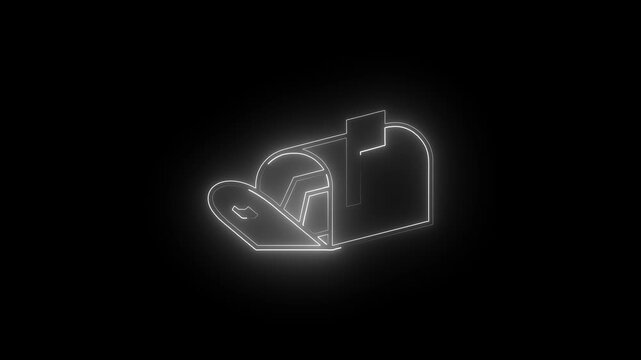 White Glowing Neon Mailbox Postbox Animated Icon Motion Graphics Stock Overlay Isolated Black Background Email Letter Delivery Message Symbol.