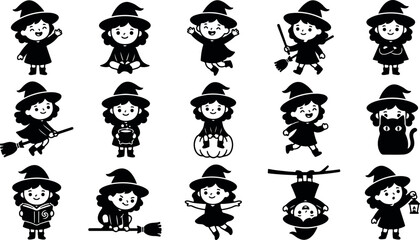 Fototapeta premium HALLOWEEN Cute black and white Halloween witch illustrations for spooky designs and festive decorations