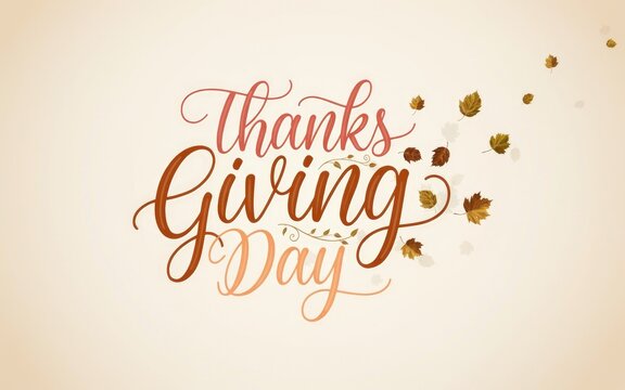 Elegant thanksgiving day typography design with falling autumn leaves on a soft light beige background texture