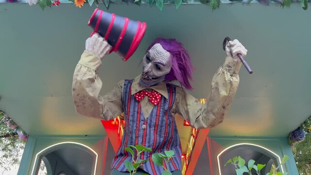Creepy haunted clown holding a megaphone at a spooky amusement attraction for Halloween horror concept.