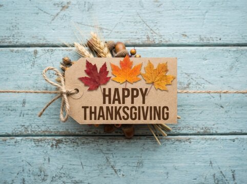 Rustic paper tag with happy thanksgiving greeting and colorful autumn leaves on a blue wooden background