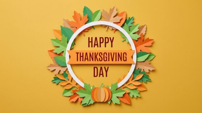 Happy thanksgiving day greeting card design with a colorful autumn leaf wreath on a yellow background