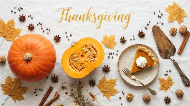 A festive thanksgiving flat lay featuring pumpkin pie slices pumpkins autumn leaves and seasonal spices overhead view