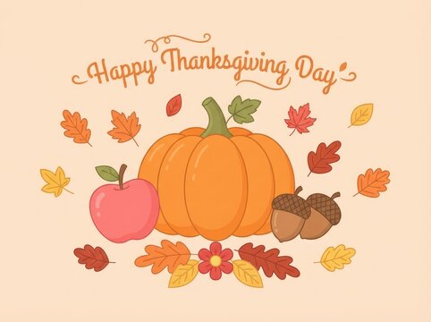 Happy thanksgiving day greeting card design featuring a cute pumpkin apple and colorful autumn fall leaves