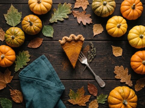 A single slice of pumpkin pie on a rustic wooden table for a festive thanksgiving celebration