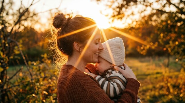 Mother hugging toddler during golden hour travel journey autumn park setting