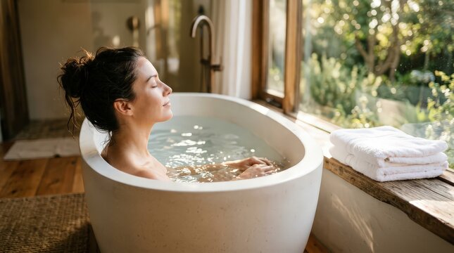 Woman relaxing white oval bathtub overlooking tropical garden during travel getaway