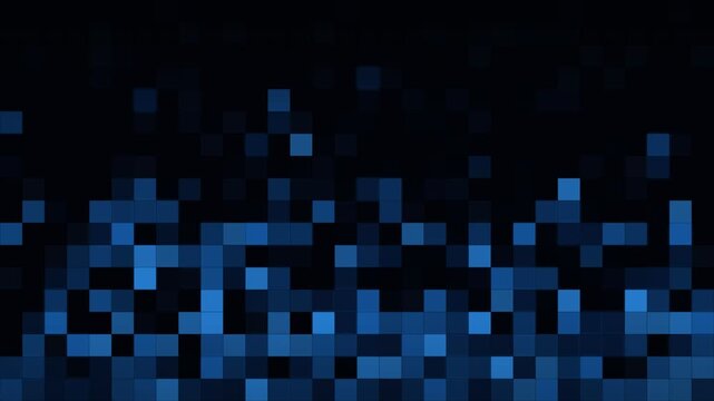 Numerous luminous blue geometric squares emerge from the darkness to create an engaging visual pattern representing data flow within the complex realm of current information technology