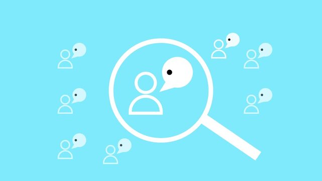 Customer Insights and Audience Analysis Concept with User Communication, Magnifying Glass and Chat Icons on Blue Background, 4K Motion video Graphics.