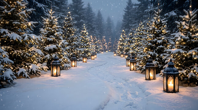 Glowing lanterns lighting a snowy path through a winter pine forest at night