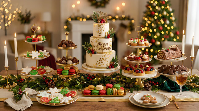 Beautiful three tier christmas cake and sweet treats on a festive dinner table