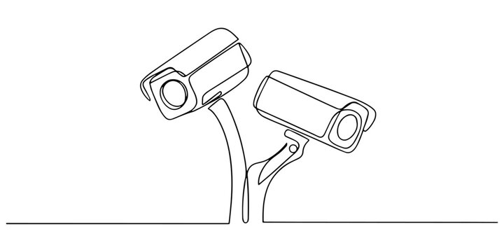 A simple black and white illustration depicts two security cameras mounted on walls showcasing different styles high quality, Two security cameras, rendered in line art style with a polygonal mesh 