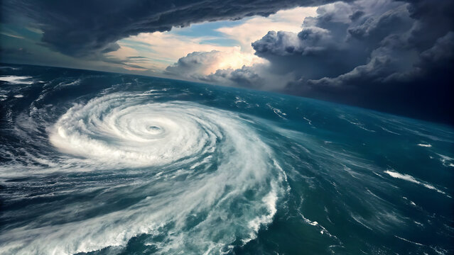 Dramatic aerial view of massive ocean hurricane swirling with dark storm clouds and turbulent waves
