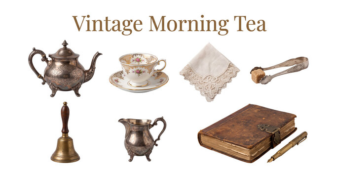 Vintage Morning Tea collection set featuring silver teapot ornate porcelain cup sugar tongs and pitcher isolated on transparent