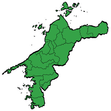 愛媛県地図 市町村区分 緑色 筆タッチ 和風 西日本 / A brushstroke map of Ehime Prefecture / green