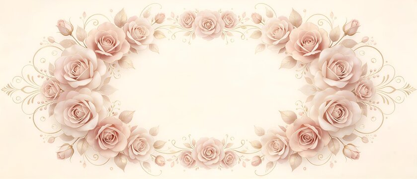 Elegant symmetrical floral oval border frame made of soft blush pink rose flowers with swirling scroll ornaments and golden filigree, creamy ivory background, romantic graceful botanical backdrop