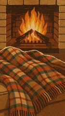 Obraz premium Cozy fireplace with plaid blanket mobile wallpaper mobile wallpaper
