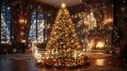 Fototapeta premium A warmly lit, opulent living room is decorated for Christmas.