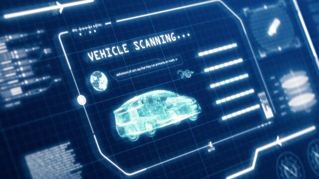 HUD driving vehicle car specification scanning user interface computer screen display with pixels background. Blue abstract hologram holographic technology concept. Sci-fi. 4K motion graphic footage