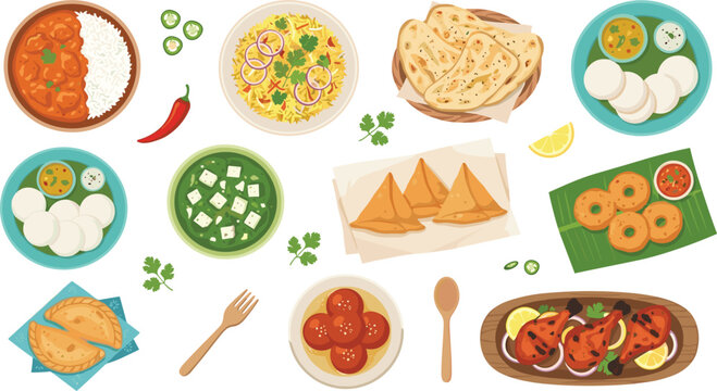 Indian Food Vector Set with Traditional Dishes Biryani Samosa Tandoori Chicken and Idli Top View