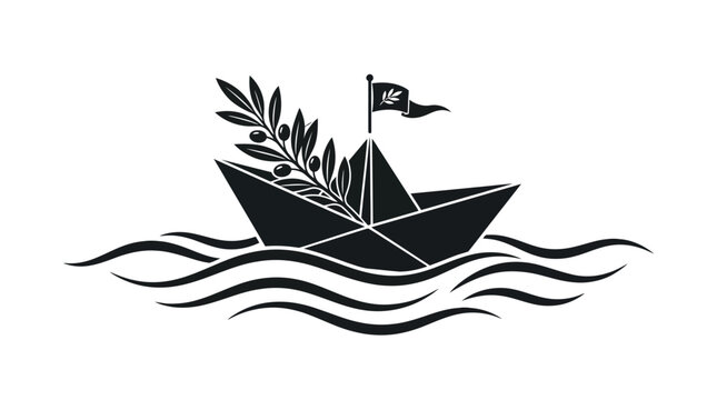 Paper boat icon features a stylized olive branch and a tiny flag floating upon dark waves to symbolize a message of peace and safe travel for all people across the vast oceans of the world today.