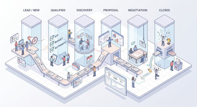 Isometric customer journey from acquisition to retention; omnichannel CRM, API, microservices; roadmap and KPIs.