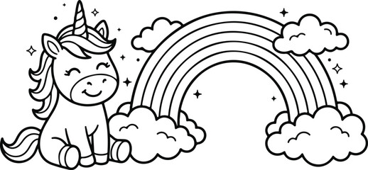 Cute unicorn sitting by a rainbow. Vector coloring page for kids with magical fantasy theme. © Md