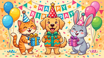 Fototapeta premium Cute cartoon cat dog and rabbit holding birthday presents wearing party hats under happy birthday banner with balloons and confetti celebration background illustration
