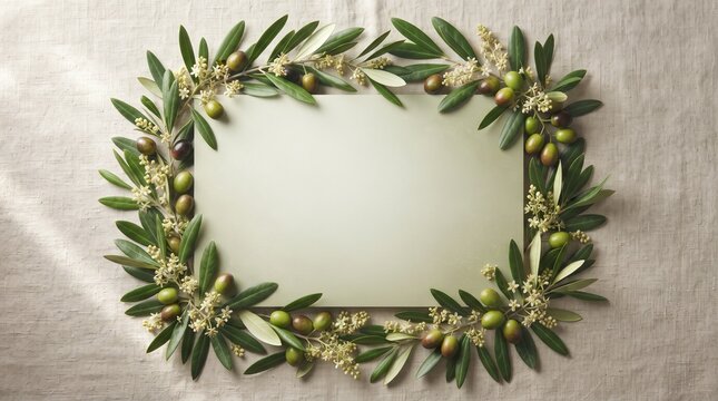 Elegant flat lay featuring lush olive leaves, olive fruits, and blooming olive flowers surrounding a minimalist cream-green background with generous copy space, organic luxury aesthetic, soft shadows,