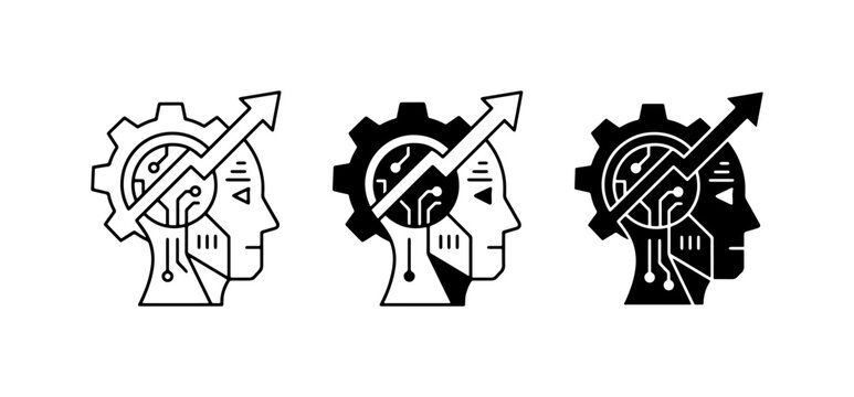Artificial Intelligence Head Icons, AI Brain Growth, Technology Progress, Machine Learning Concepts
