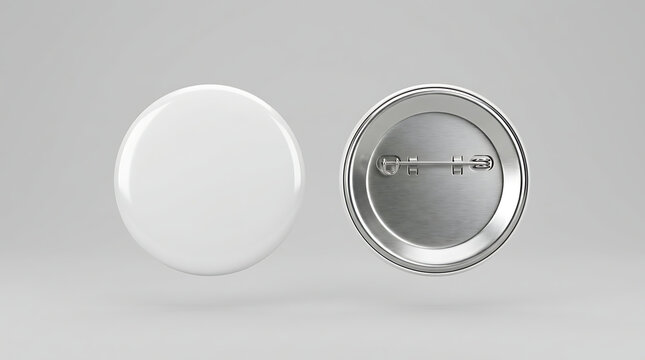 Two blank white and silver pin buttons floating blank button