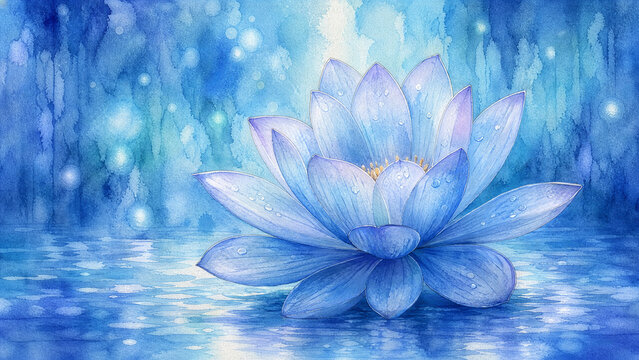 Blue Lotus Flower with Sparkling Water Droplets Floating on Water, Dreamy Watercolor Illustration