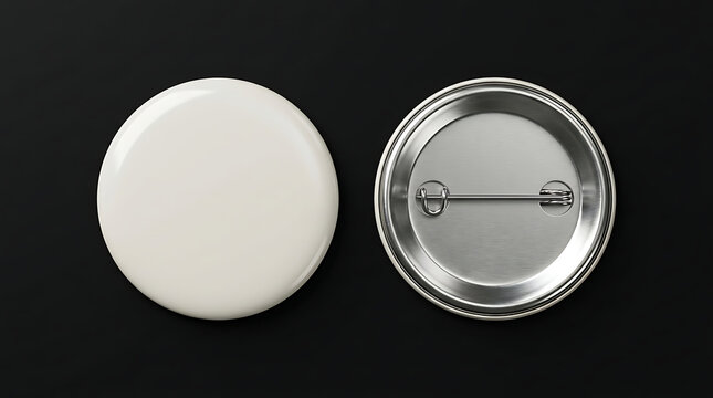 Two blank white and silver buttons on black background