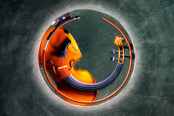 A coiled violin with a bow against a colored background © i_valentin