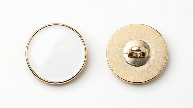 Two round gold buttons white background
