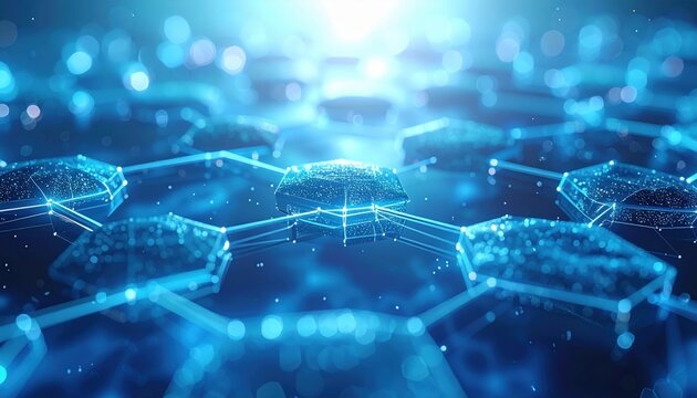 Futuristic blue hexagonal digital network mesh.