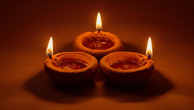 Three glowing terracotta diya oil lamps arranged in a row against a soft warm amber background with festival spiritual tradition terracotta religion celebration illumination auspicious