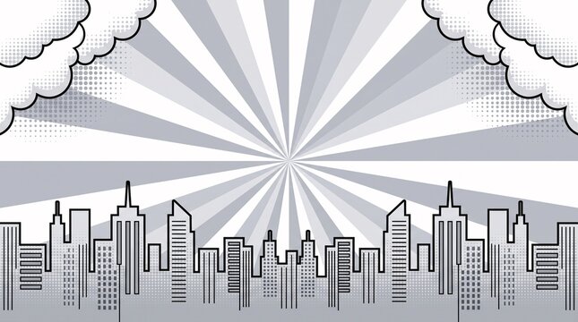 Soft gray city skyline with subtle vintage radial rays and clouds, ideal for clean corporate designs, editorial layouts, websites, and professional presentations.