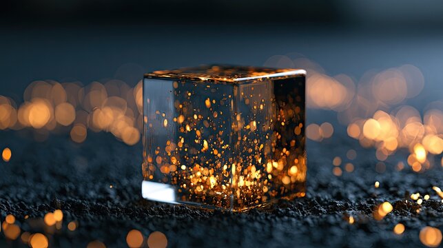 Transparent cube filled with glowing embers on textured dark surface