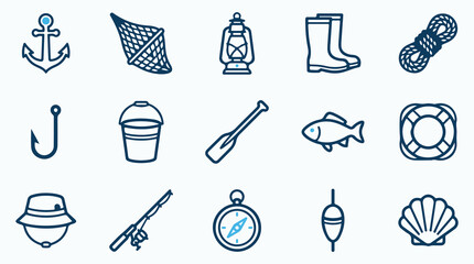 Fishing and Marine Line Icons Set with Anchor, Compass, and Fishing Rod © Mahmud