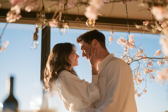 Romantic young couple dancing together by window during intimate evening
