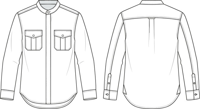 Long sleeve mandarin collar work shirt fashion flat sketch, technical drawing template, front and back view vector illustration