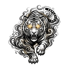 Obraz premium Fierce Roaring Tiger Mascot with Glowing Yellow Eyes and Smoke Swirls Vector Illustration