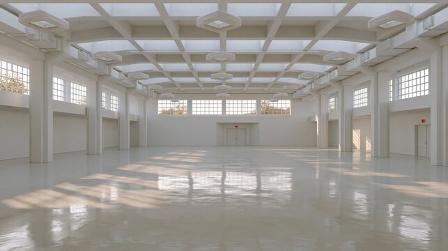 Vast, bright interior of an empty, modern exhibition hall with sunlight streaming through large windows and skylights.
