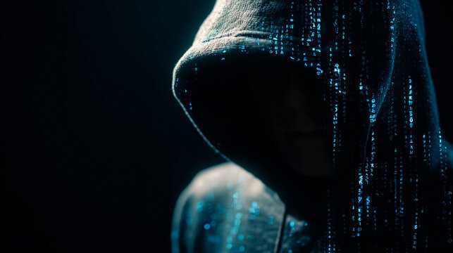 Mysterious hacker wearing a dark hood surrounded by glowing blue digital binary code in shadow