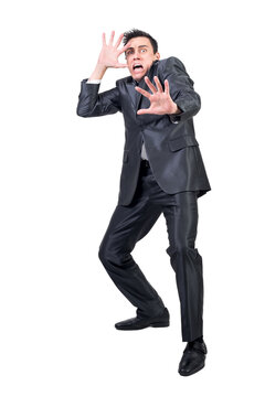 Terrified man in light studio, transparent background