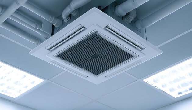 Square ceiling cassette air conditioner with ductwork above
